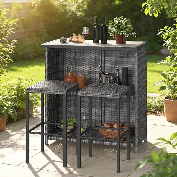 3-teiliges Outdoor Garten-Barset mit Bartisch, 2 Hockern…