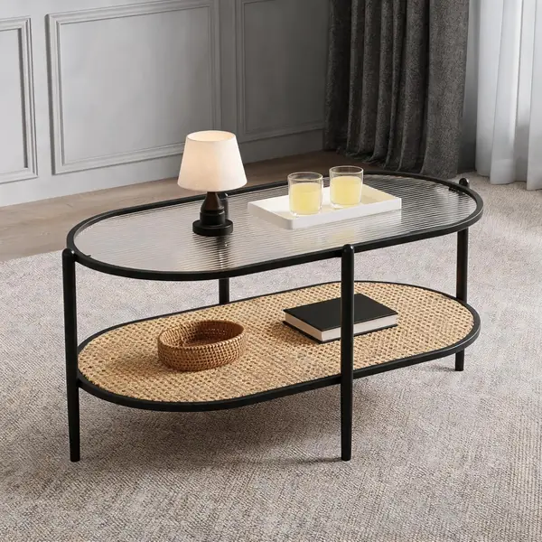 Couchtisch oval, Schwarzer Metallrahmen