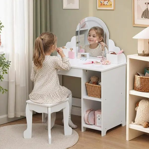 Kinderschminktisch mit Spiegel und Hocker, Robustes Holz…