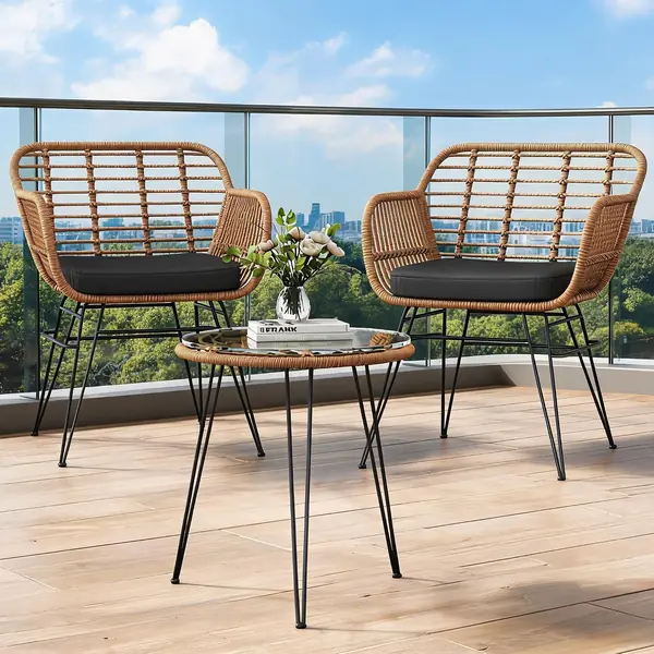 Rattan-Gartenmöbel-Set 3-teilig, Schwarz, Balkonmöbel