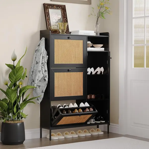 Schuhschrank Mit 3 Klappen & 4 Offenen Ablagen, Rattan &…